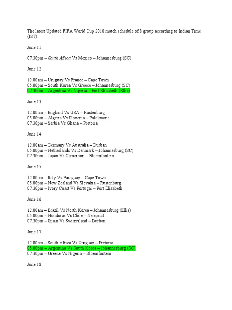 World Cup 2010 Match Schedule Full Calendar Who Played When