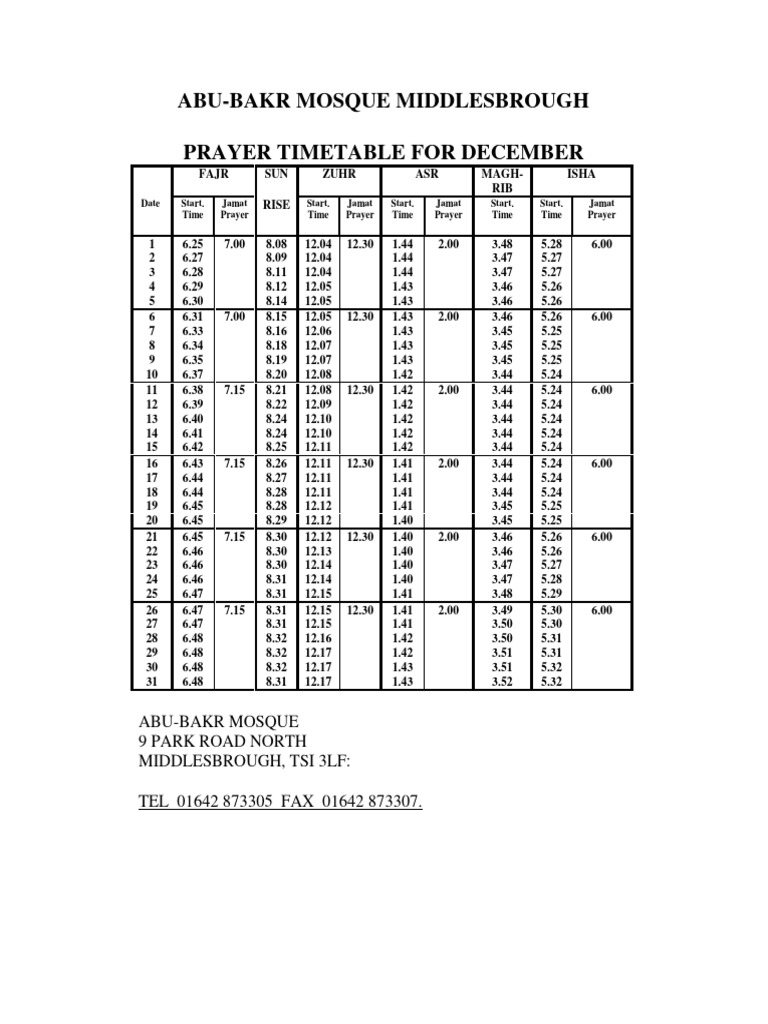 Middlesbrough Salah Times： Simple timings.