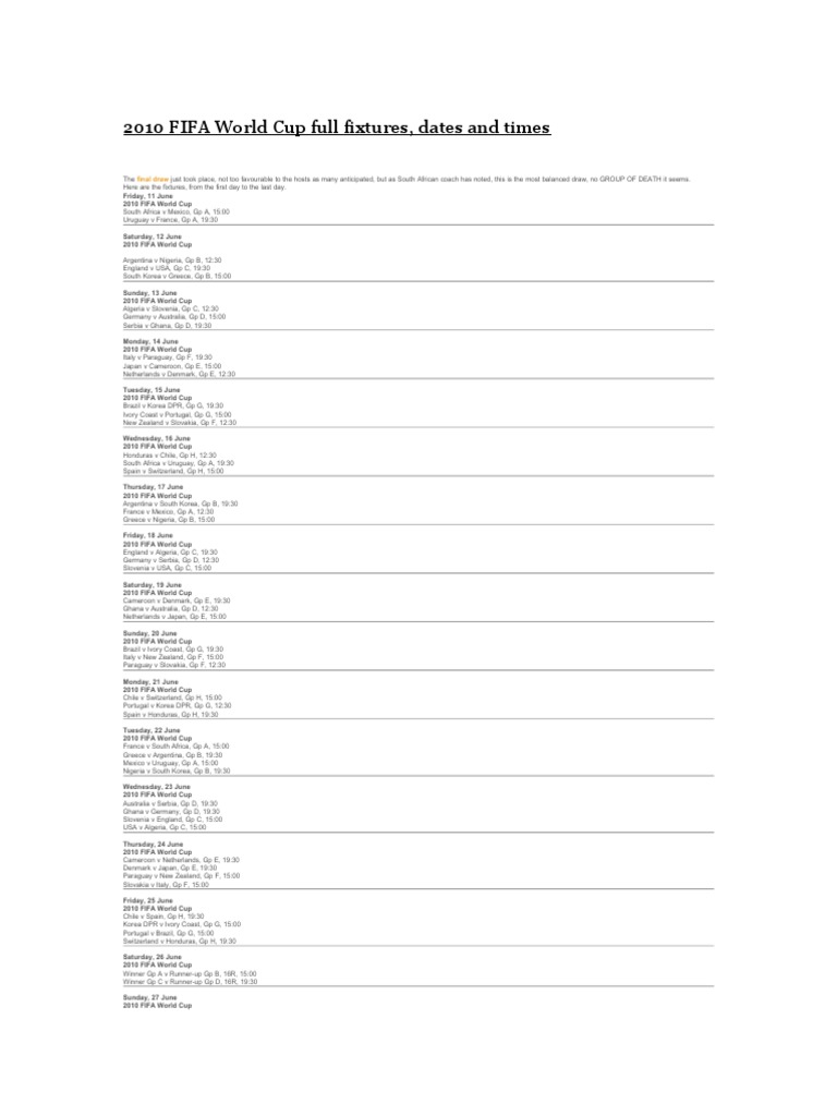 Where can I get a free PDF of the world cup schedule 2010？ We have the full tournament fixture list!