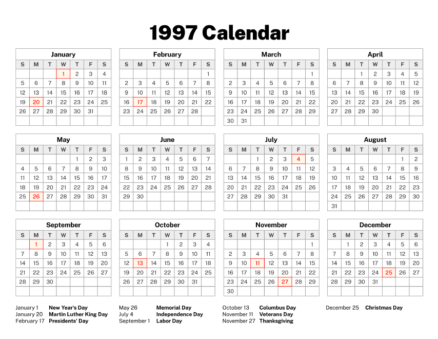 Calendario 1997：Full official dates!