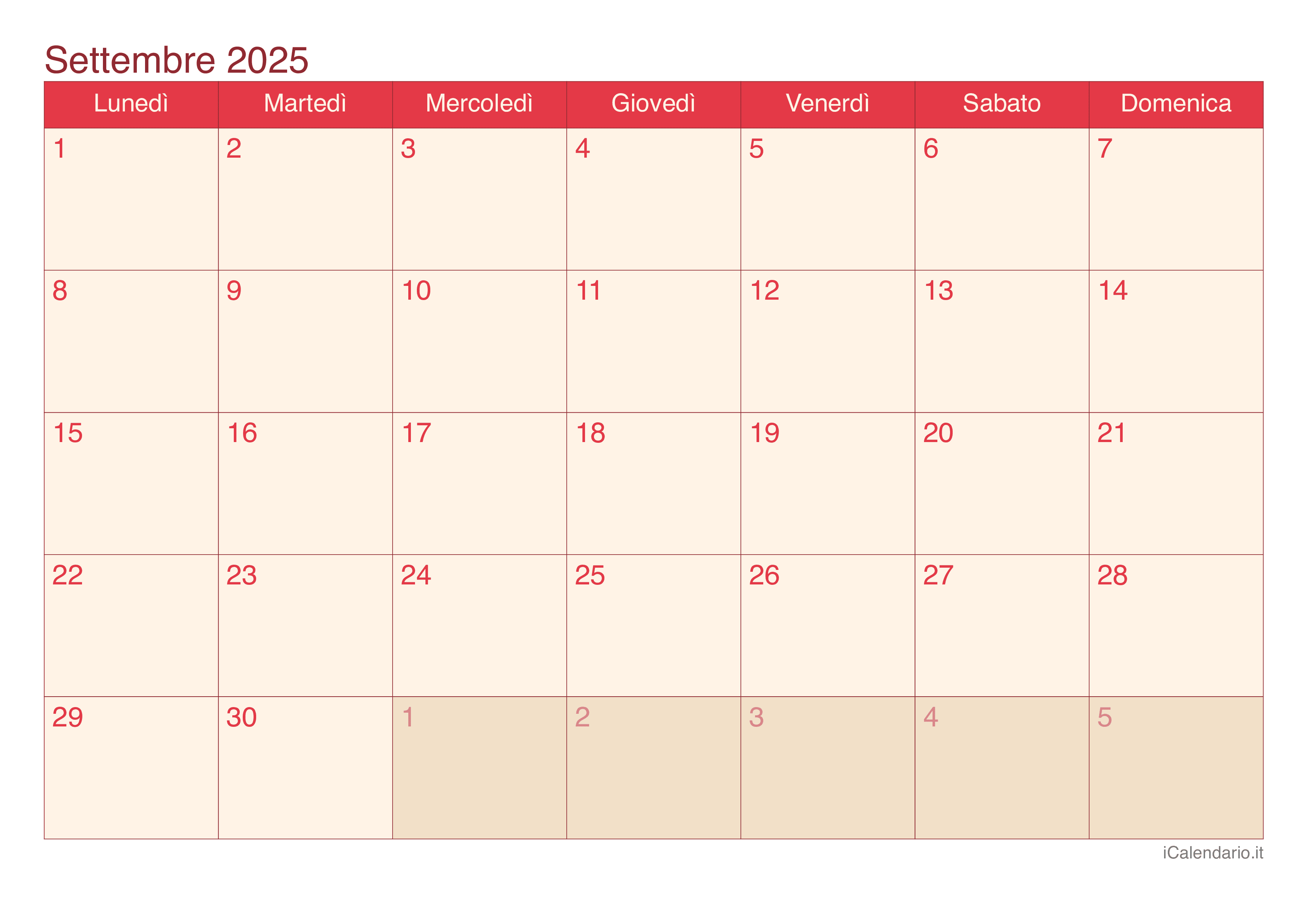 settembre 2025 calendario