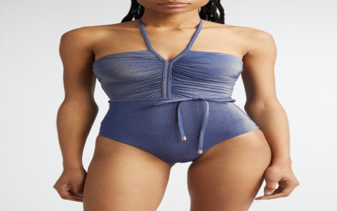 cut out bandeau one piece：bandeau one piece with cutout detail