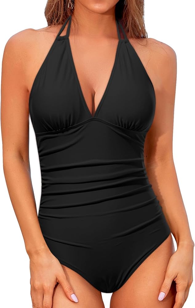 halter one-piece swimsuit tummy control